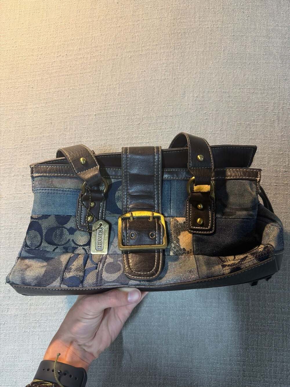 Coach Signature C Denim Suede Patchwork Flap Tote Satchel Bag